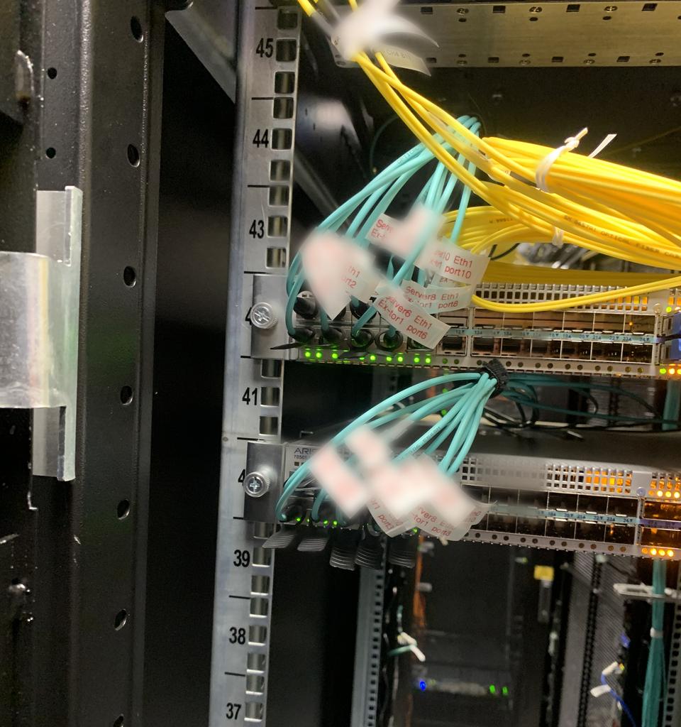 Labelled aqua multimode fibre patched into a top-of-rack switch, labels blurred for privacy